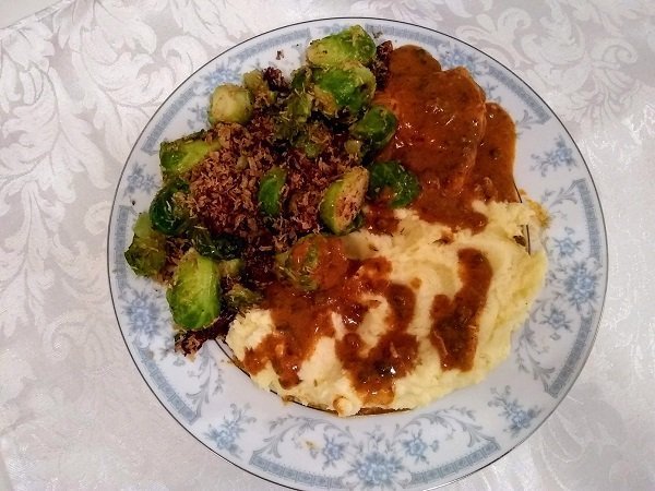 mashed potatoes, chicken, and Brussels sprouts